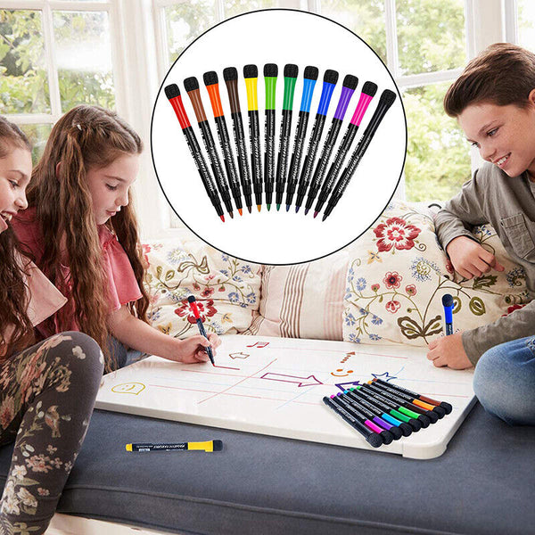 2 Set 12 Colour White Board Fridge Marker Pen Magnetic Dry Wipe Erase Fine Tip - Lets Party