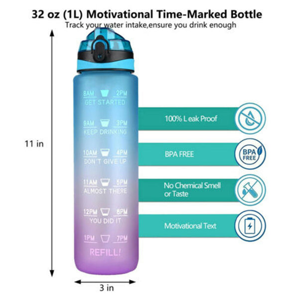 1L Green Purple Water Bottle Motivational Drink Flask With Time Markings BPA Free Sport Gym - Lets Party