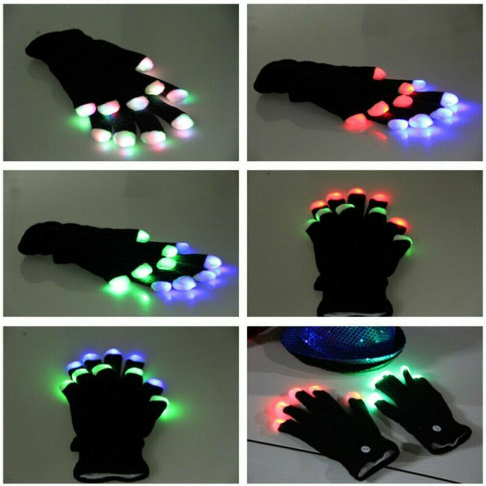 Rainbow Flow Black LED Light Gloves 6 modes Rave Party Glow in the dar
