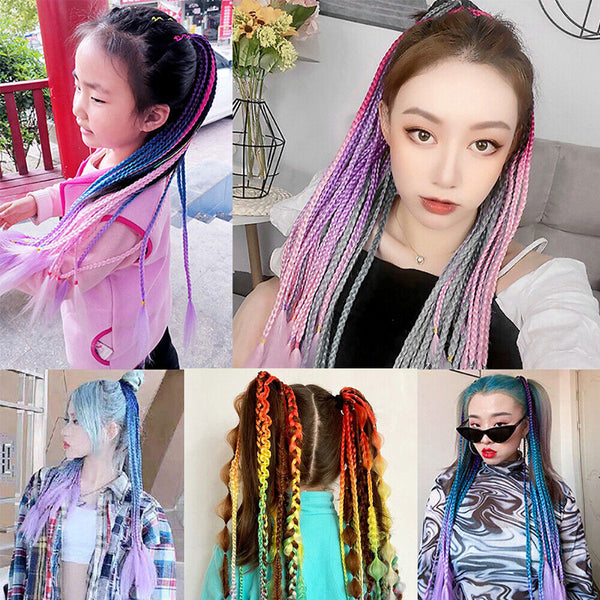 AU Long Braids Colorful Band Pigtail Synthetic Braided Ponytail Hair Extensions