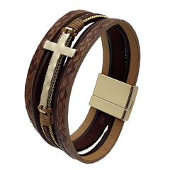 Men Cross Bracelet Multi-Layer Leather Wristband Stainless Steel Stylish Gift AU