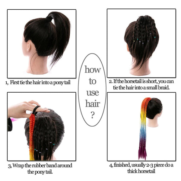 AU Long Braids Colorful Band Pigtail Synthetic Braided Ponytail Hair Extensions