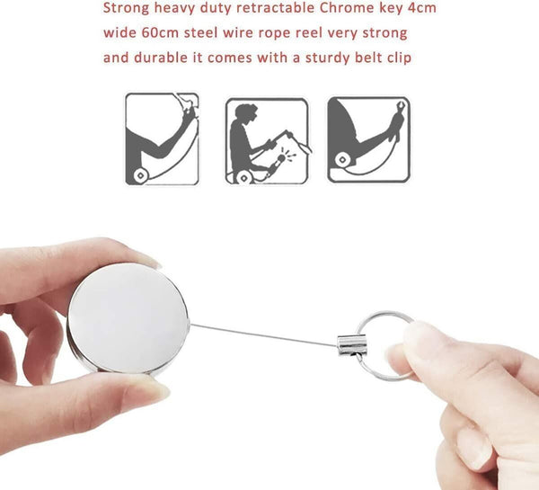 2 X Recoil Key Ring Carabiner Retractable Stainless Steel Chain ID Badge Pull AU