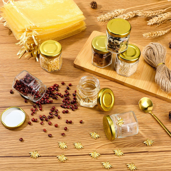 50Pack 45ml Hexagon Mini Glass Honey Jars with Wood Dipper Gold Lid Bee Pend AU