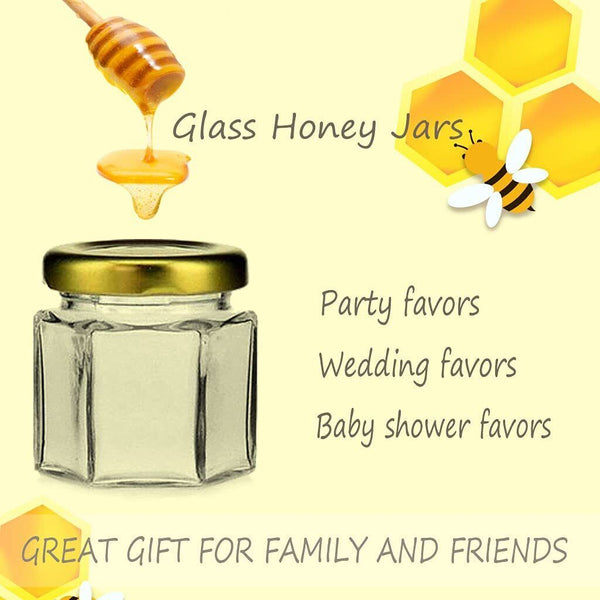 50 Hexagon Mini Glass Jar with Wood Dipper Gold Lid Bee Pendant Jute Rope Small