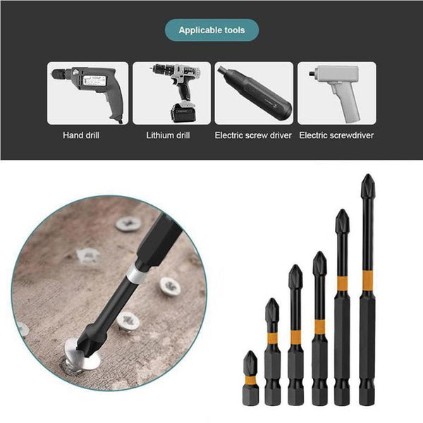 6PCS Magnetic Drill Bit Cross Head Impact Screwdriver Drills Anti-Slip Bits Set