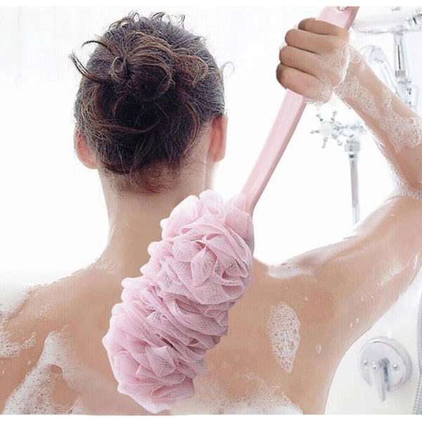 Beige Long Handle Bath Brush Soft Mesh Sponge Back Scrubber Body Puff Shower Loofah - Lets Party