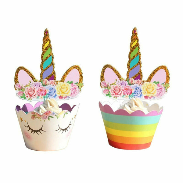 24 Piece Unicorn Cupcake Toppers Wrappers Birthday Party Cake Lolly Loot Bag - Lets Party
