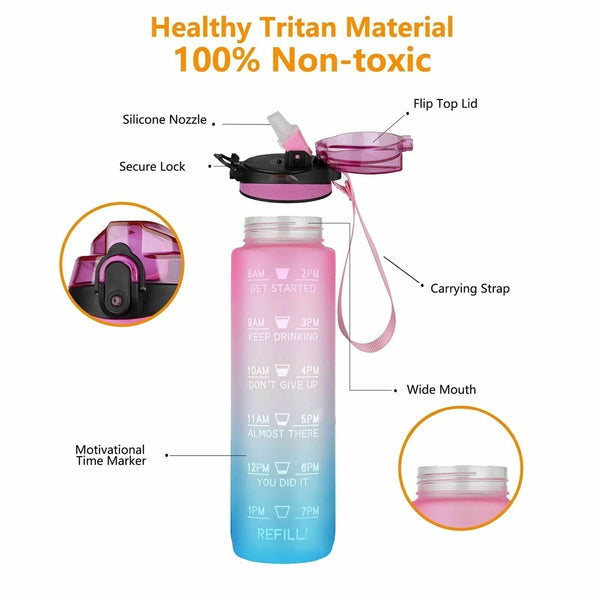 1L Green Purple Water Bottle Motivational Drink Flask With Time Markings BPA Free Sport Gym - Lets Party