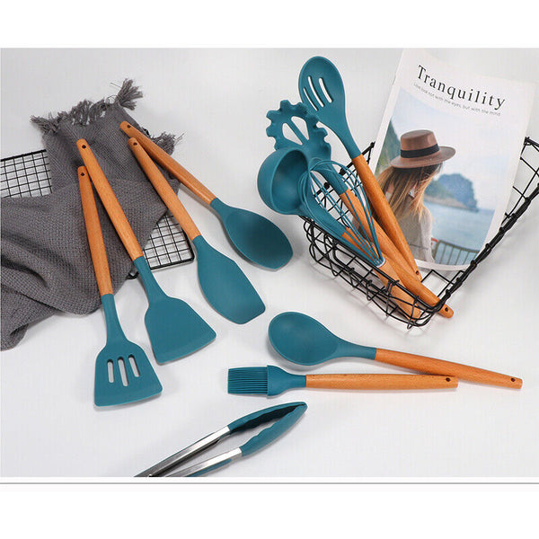 12Pcs Blue Silicone Utensils Cooking Kitchen Set Wooden Baking Cookware BPA - Lets Party