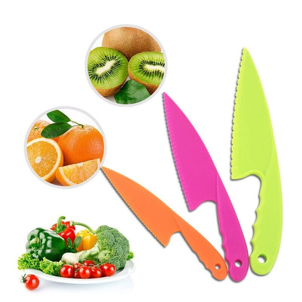 3 Pcs Kids Kitchen Knife Plastic Fruit Safe Toy Knives Bread Lettuce Salad - Lets Party