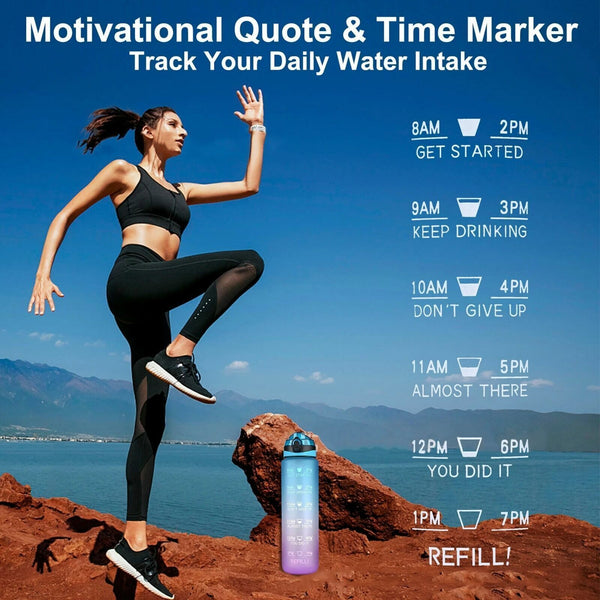 1L Green Purple Water Bottle Motivational Drink Flask With Time Markings BPA Free Sport Gym - Lets Party