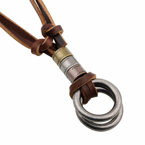 Men Women's Alloy Double Ring Cord Leather Pendant Necklace Adjustable Necklace