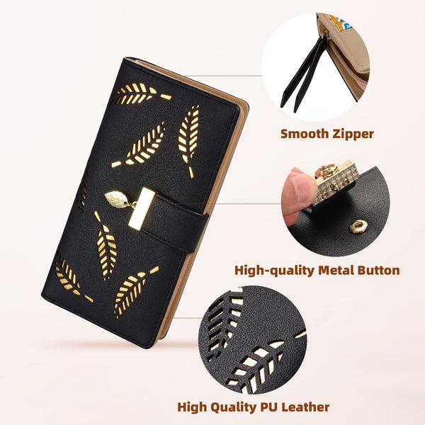 2X Womens Long Leaf Bifold Wallet Leather Card Holder Purse Zipper Buckle Clutch