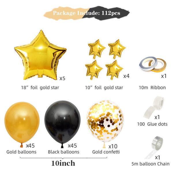 112PCS Balloon Garland Set Black Gold Star Arch Party Supplies Decoration