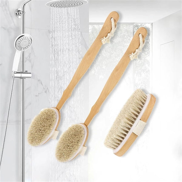 Body Bath Brush Scrub Back Massager Scrubber Long Handle Natural Wooden Shower