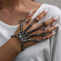 Punk Skeleton Hand Bone Five Finger Ring Bracelet Adjustable Halloween Brace AU