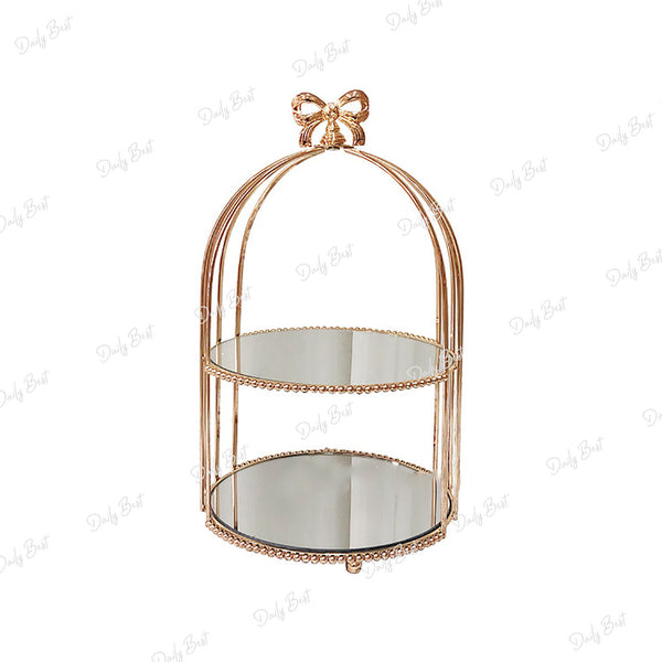 2Tiers Glossy Gold Mirror Birdcage Cup Cake Stand High Tea Plate Wedding Party