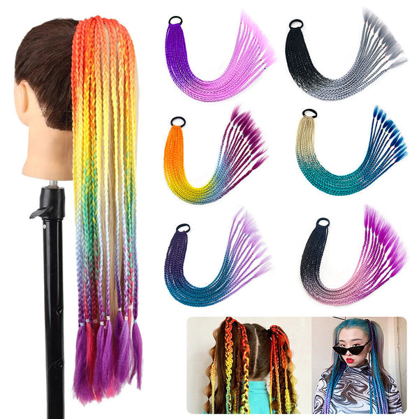 AU Long Braids Colorful Band Pigtail Synthetic Braided Ponytail Hair Extensions
