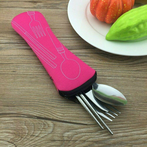 4Pcs Stainless Steel Cutlery Set Knife Fork Spoon Chopsticks With Portable Bag - Lets Party