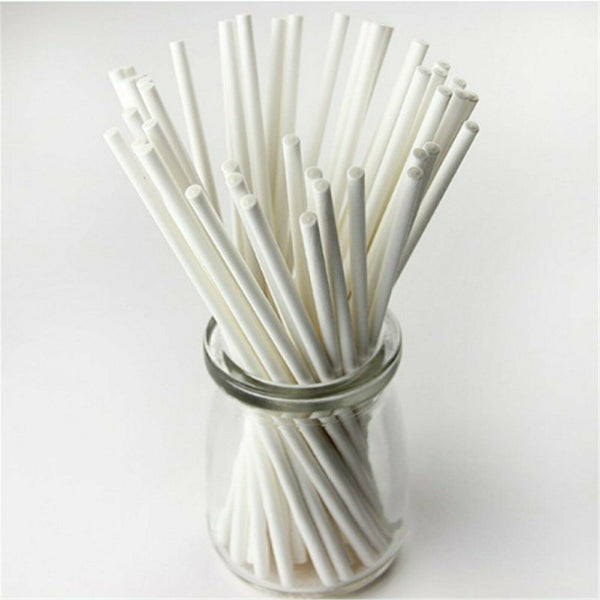 100 x Cake Pop Stick Long 10cm White Paper Sticks Lolly Lollipop Candy Lollies - Lets Party