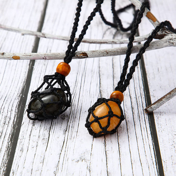 2PCS Empty Stone Holder Necklace Crystal Quartz Gemstone Cage Rope Cord Pendant