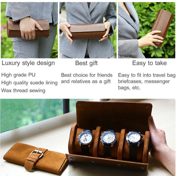 Travel Watch Storage Box Portable Vintage Leather Watch Roll Display Case Pouch