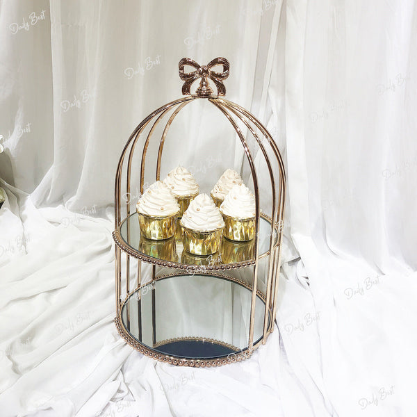 2Tiers Glossy Gold Mirror Birdcage Cup Cake Stand High Tea Plate Wedding Party