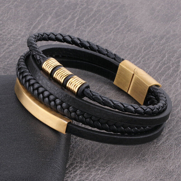 Men's Stainless Steel Leather  Bracelet Multilayer Braided Cuff Magnetic ClaspAU