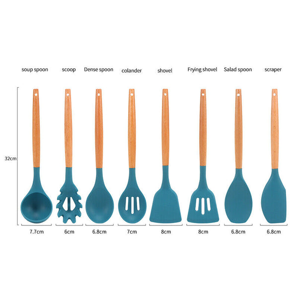 12Pcs Blue Silicone Utensils Cooking Kitchen Set Wooden Baking Cookware BPA - Lets Party