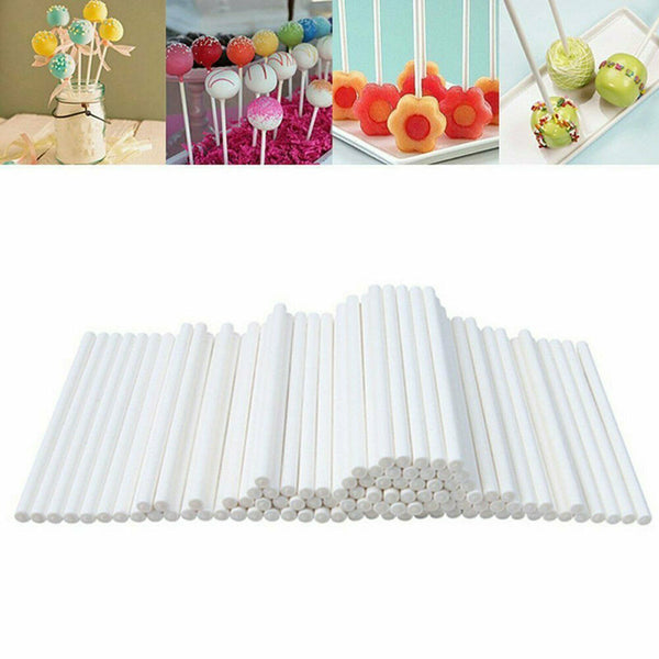 100 x Cake Pop Stick Long 10cm White Paper Sticks Lolly Lollipop Candy Lollies - Lets Party