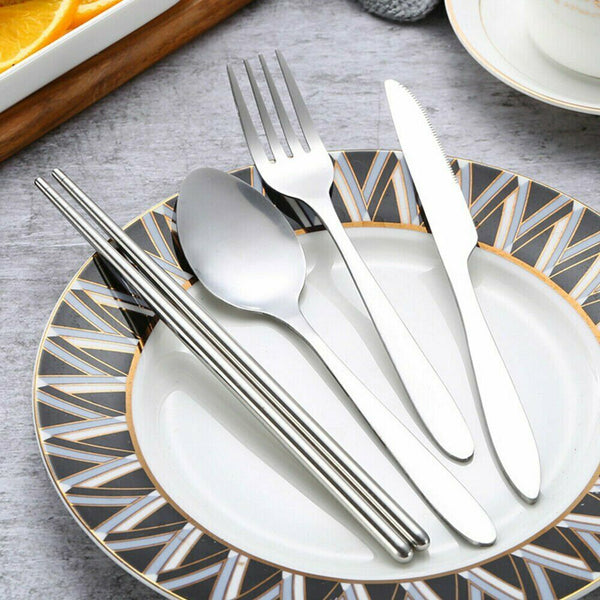 4Pcs Stainless Steel Cutlery Set Knife Fork Spoon Chopsticks With Portable Bag - Lets Party