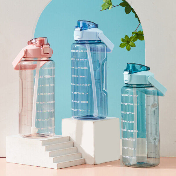 2L Water Bottle Straw Cup Motivational Drink Flask With Time Markings Sports Gym