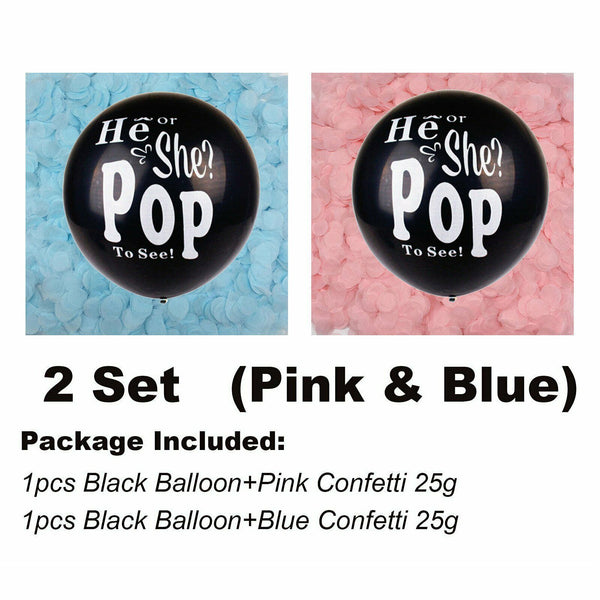 UP TO 2Set Gender Reveal Jumbo Baby Shower Balloon Confetti He or She Pop To See