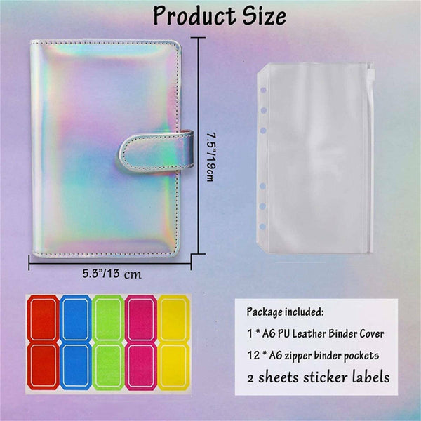 A6 PU Laser Leather Notebook Binder Budget Planner Organizer Cash Binder Pockets