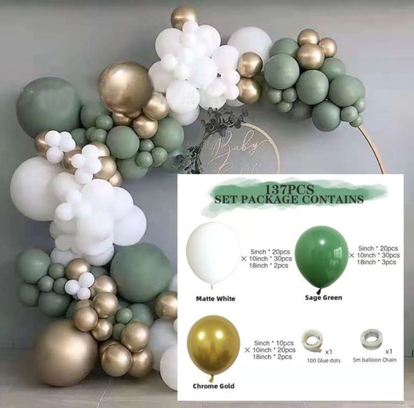 137pcs Sage Green Metallic Gold White Garland Arch Balloon Kite Birthday Party