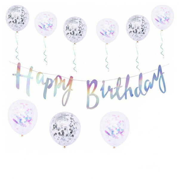 Silver Pearl Happy Birthday Banner 30cm Clear Confetti Sequins Latex Balloons Party - Lets Party