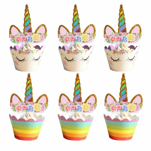 24 Piece Unicorn Cupcake Toppers Wrappers Birthday Party Cake Lolly Loot Bag - Lets Party