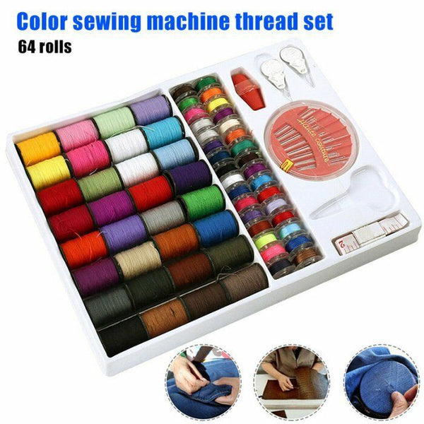 64Rolls Sewing Machine Line thread Spool Set Bobbin Cotton Reel Needle Tape Kit