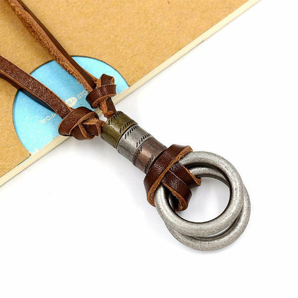 Men Women's Alloy Double Ring Cord Leather Pendant Necklace Adjustable Necklace