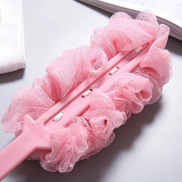 Beige Long Handle Bath Brush Soft Mesh Sponge Back Scrubber Body Puff Shower Loofah - Lets Party