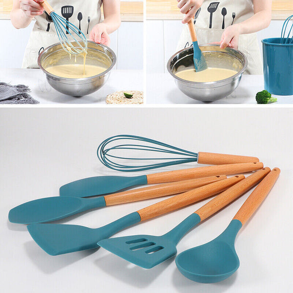 12Pcs Blue Silicone Utensils Cooking Kitchen Set Wooden Baking Cookware BPA - Lets Party