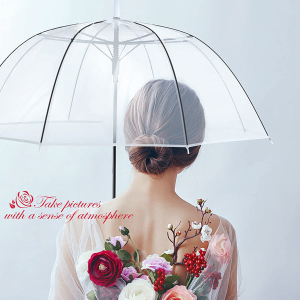 Clear Dome Umbrella Wedding Rain Transparent Parasol Handle Waterproof