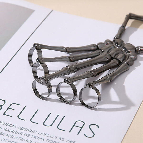 Punk Skeleton Hand Bone Five Finger Ring Bracelet Adjustable Halloween Brace AU