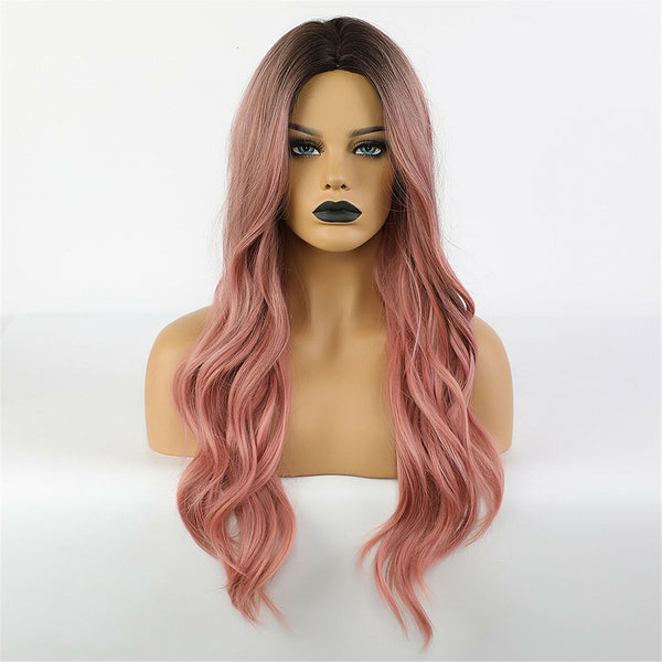 Women Long Wig Color Pink hair Ombre Rose Hair Taro Hairstyle Black Wavy hair AU