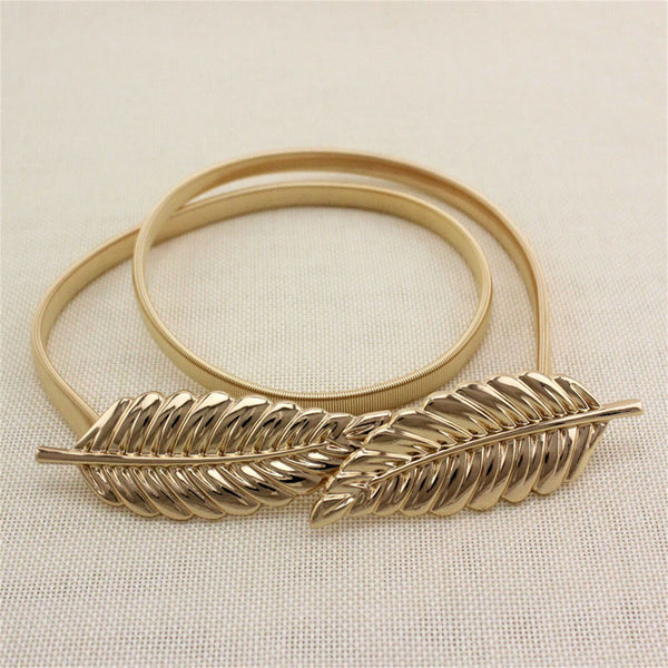 2PCS Women Gold Leaf Belt Elastic Metal Stretch Buckle Skinny Waist Dress Belt