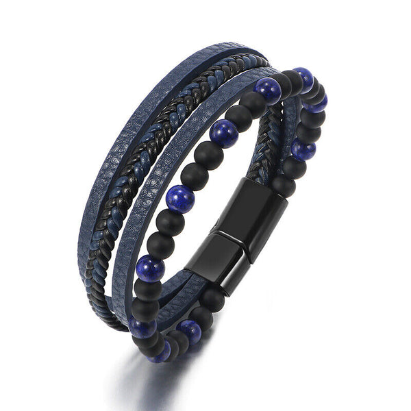 Mens Leather Braided Surfer Wristband Bracelet Tiger Eyes Beaded Bangle Gift