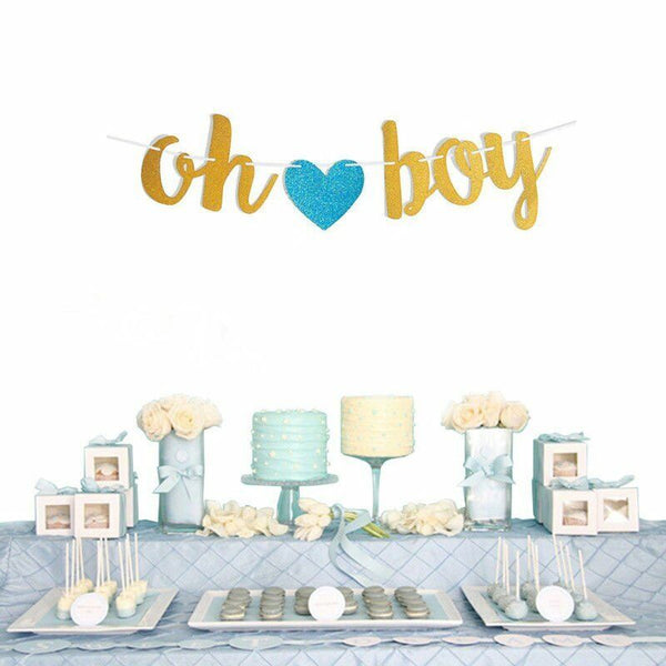 Oh Baby Banner Paper Gold Glitter Heart Bunting Boy Baby Shower Party Decoration