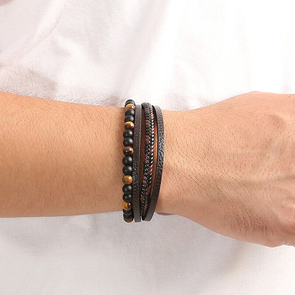 Mens Leather Braided Surfer Wristband Bracelet Tiger Eyes Beaded Bangle Gift