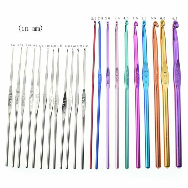 22 Size Multi Coloured Aluminium Crochet Hooks Yarn Knitting Needles Set 22 Pcs - Lets Party